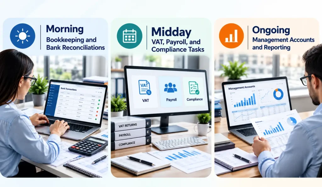 What Does an Outsourced Accountant Actually Do? A Day-in-the-Life Guide 2 Accountants Day in Three Panels