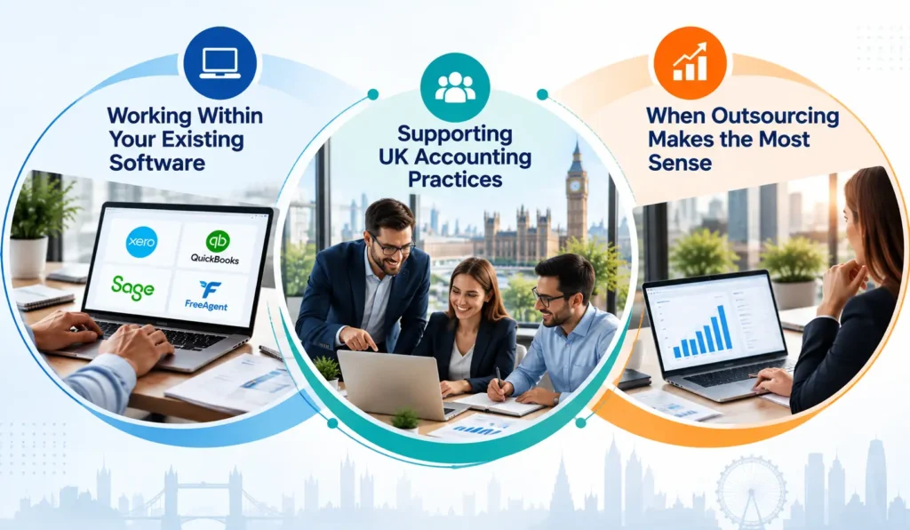 What Does an Outsourced Accountant Actually Do? A Day-in-the-Life Guide 3 Collaborative UK Accounting Software Infographic