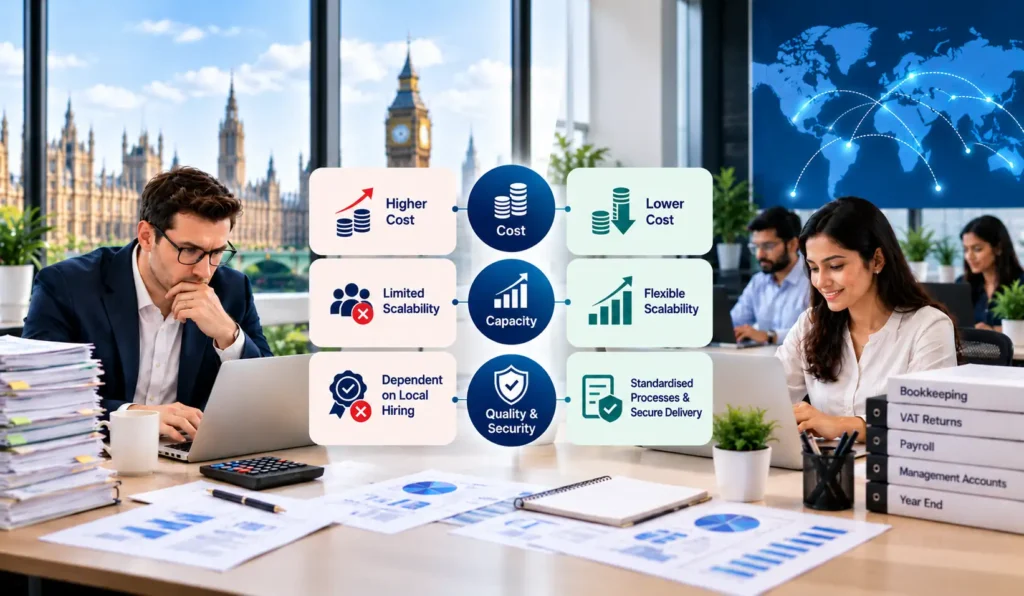 Offshore Accounting Services vs Local Accounting: Which Model Works Better for UK Practices? 3 London Office Outsourcing Infographic